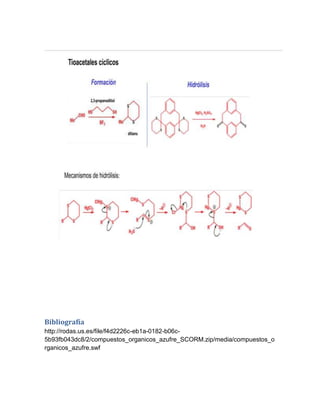 Bibliografía
http://rodas.us.es/file/f4d2226c-eb1a-0182-b06c5b93fb043dc8/2/compuestos_organicos_azufre_SCORM.zip/media/compuestos_o
rganicos_azufre.swf

 