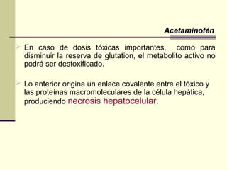  En caso de dosis tóxicas importantes, como para
disminuir la reserva de glutation, el metabolito activo no
podrá ser destoxificado.
 Lo anterior origina un enlace covalente entre el tóxico y
las proteínas macromoleculares de la célula hepática,
produciendo necrosis hepatocelular.
AcetaminofénAcetaminofén
 