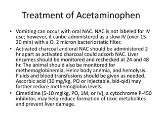 Treatment of AcetaminophenVomiting can occur with oral NAC. NAC is not labeled for IV use; however, it canbeadministered as a slow IV (over 15-20 min) with a O. 2 micron bacteriostatic filter.Activated charcoal and oral NAC should be administered 2 hr apart as activated charcoal could adsorb NAC. Liver enzymes should be monitored and rechecked at 24 and 48 hr. The animal should also be monitored for methemoglobinemia, Heinz body anemia, and hemolysis. Fluids and blood transfusions should be given as needed. Ascorbic acid (30 mg/kg, PO or injectable, bid-qid) may further reduce methemoglobin levels.Cimetidine (5-10 mglkg, PO, 1M, or IV), a cytochrome P-450 inhibitor, may help reduce formation of toxic metabolites and prevent liver damage.
