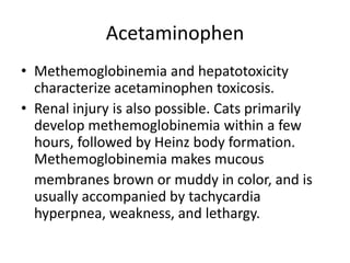 AcetaminophenMethemoglobinemia and hepatotoxicity characterize acetaminophen toxicosis.Renal injury is also possible. Cats primarily develop methemoglobinemia within a few hours, followed by Heinz body formation. Methemoglobinemia makes mucous	membranes brown or muddy in color, and is usually accompanied by tachycardia hyperpnea, weakness, and lethargy.
