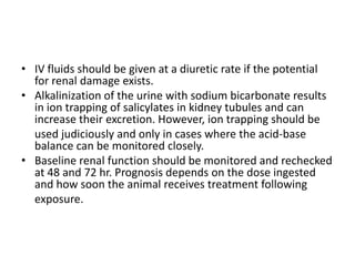 IV fluids should be given at a diuretic rate if the potential for renal damage exists.Alkalinization of the urine with sodium bicarbonate results in ion trapping of salicylatesin kidney tubules and can increase their excretion. However, ion trapping should be	used judiciously and only in cases where the acid-base balance can be monitored closely.Baseline renal function should be monitored and rechecked at 48 and 72 hr. Prognosis depends on the dose ingested and how soon the animal receives treatment following	exposure.