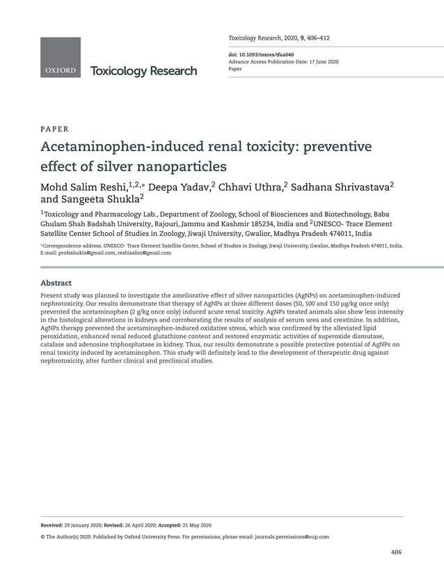 Acetaminopheninduced renal toxicity preventive effect of silver