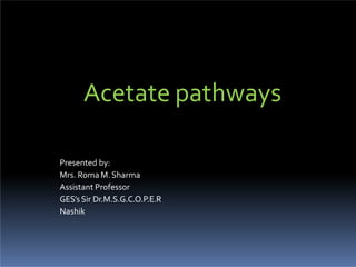 Acetate pathways
Presented by:
Mrs. Roma M.Sharma
Assistant Professor
GES’sSir Dr.M.S.G.C.O.P.E.R
Nashik
 