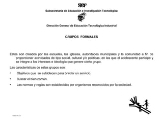 GRUPOS  FORMALES Estos son creados por las escuelas, las iglesias, autoridades municipales y la comunidad a fin de proporcionar actividades de tipo social, cultural y/o políticas, en las que el adolescente participe y se integre a los intereses e ideología que genere cierto grupo. Las características de estos grupos son: Objetivos que  se establecen para brindar un servicio. Buscar el bien común. Las normas y reglas son establecidas por organismos reconocidos por la sociedad.  Acetato No. 20 Subsecretaría de Educación e Investigación Tecnológica Dirección General de Educación Tecnológica Industrial 