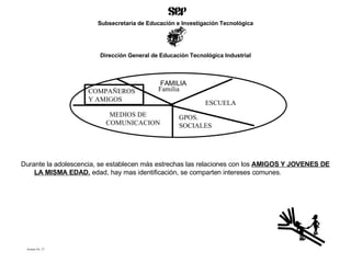 Durante la adolescencia, se establecen más estrechas las relaciones con los  AMIGOS Y JOVENES DE LA MISMA EDAD.  edad, hay mas identificación, se comparten intereses comunes . Acetato No. 27 MEDIOS DE  COMUNICACION Familia FAMILIA ESCUELA GPOS. SOCIALES COMPAÑEROS Y AMIGOS Subsecretaría de Educación e Investigación Tecnológica Dirección General de Educación Tecnológica Industrial 