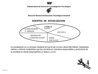 La socialización es un proceso mediante el cual el ser humano desarrolla   hábitos, habilidades, valores y motivos compartidos que los convierte en miembros responsables y productivos de la sociedad en donde desempeñará un status y un rol . ACETATO No.5 AGENTES  DE  SOCIALIZACION Subsecretaría de Educación e Investigación Tecnológica Dirección General de Educación Tecnológica Industrial Familia FAMILIA ESCUELA GPOS. SOCIALES MEDIOS DE  COMUNICACION COMPAÑEROS Y AMIGOS 