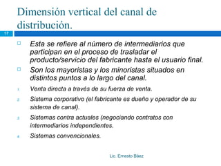 Dimensión vertical del canal de
     distribución.
17

         Esta se refiere al número de intermediarios que
          participan en el proceso de trasladar el
          producto/servicio del fabricante hasta el usuario final.
         Son los mayoristas y los minoristas situados en
          distintos puntos a lo largo del canal.
     1.   Venta directa a través de su fuerza de venta.
     2.   Sistema corporativo (el fabricante es dueño y operador de su
          sistema de canal).
     3.   Sistemas contra actuales (negociando contratos con
          intermediarios independientes.
     4.   Sistemas convencionales.


                                       Lic. Ernesto Báez
 