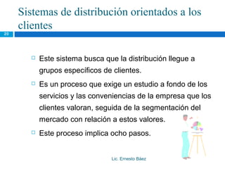 Sistemas de distribución orientados a los
     clientes
20




          Este sistema busca que la distribución llegue a
           grupos específicos de clientes.
          Es un proceso que exige un estudio a fondo de los
           servicios y las conveniencias de la empresa que los
           clientes valoran, seguida de la segmentación del
           mercado con relación a estos valores.
          Este proceso implica ocho pasos.


                                Lic. Ernesto Báez
 