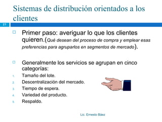 Sistemas de distribución orientados a los
     clientes
21

         Primer paso: averiguar lo que los clientes
          quieren.(Qué desean del proceso de compra y emplear esas
          preferencias para agruparlos en segmentos de mercado ).


         Generalmente los servicios se agrupan en cinco
          categorías:
     1.   Tamaño del lote.
     2.   Descentralización del mercado.
     3.   Tiempo de espera.
     4.   Variedad del producto.
     5.   Respaldo.

                                     Lic. Ernesto Báez
 