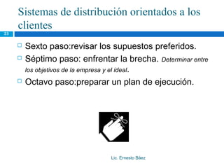 Sistemas de distribución orientados a los
     clientes
23


        Sexto paso:revisar los supuestos preferidos.
        Séptimo paso: enfrentar la brecha. Determinar entre
         los objetivos de la empresa y el ideal.
        Octavo paso:preparar un plan de ejecución.




                                Lic. Ernesto Báez
 