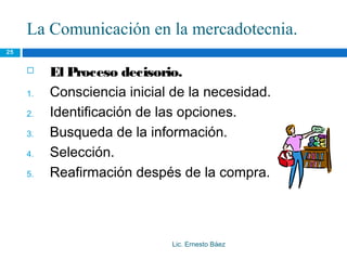 La Comunicación en la mercadotecnia.
25


         El Proceso decisorio.
     1.   Consciencia inicial de la necesidad.
     2.   Identificación de las opciones.
     3.   Busqueda de la información.
     4.   Selección.
     5.   Reafirmación despés de la compra.



                             Lic. Ernesto Báez
 