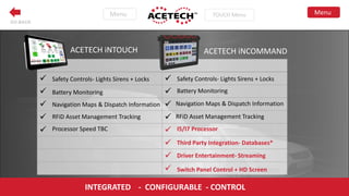GO BACK
INTEGRATED - CONFIGURABLE - CONTROL
 
 
 
 
 



Safety Controls- Lights Sirens + Locks Safety Controls- Lights Sirens + Locks
Battery Monitoring Battery Monitoring
Navigation Maps & Dispatch Information Navigation Maps & Dispatch Information
RFiD Asset Management Tracking RFiD Asset Management Tracking
Driver Entertainment- Streaming
Third Party Integration- Databases*
I5/I7 ProcessorProcessor Speed TBC
Switch Panel Control + HD Screen
ACETECH iNTOUCH ACETECH iNCOMMAND
 
