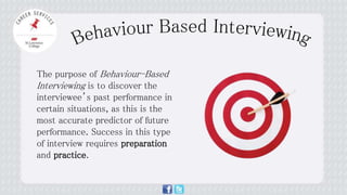 The purpose of Behaviour-Based 
Interviewing is to discover the 
interviewee’s past performance in 
certain situations, as this is the 
most accurate predictor of future 
performance. Success in this type 
of interview requires preparation 
and practice. 
 
