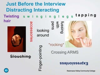 Slouching
Just Before the Interview
Distracting Interacting
Twisting
hair
t a p p i n gs w i n g i n g l e g s
*rocking*
fussing
with
pens
accessories
Crossing ARMS
Finger-pointing
Expressionless
looking
around
 