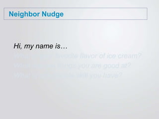 Neighbor Nudge
Hi, my name is…
What is your favorite flavor of ice cream?
What are two things you are good at?
What is one people skill you have?
 