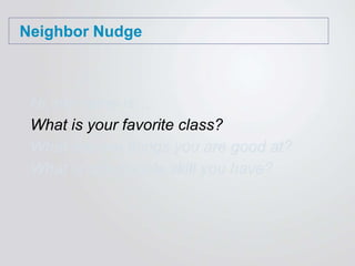 Neighbor Nudge
Hi, my name is…
What is your favorite class?
What are two things you are good at?
What is one people skill you have?
 