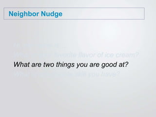 Neighbor Nudge
Hi, my name is…
What is your favorite flavor of ice cream?
What are two things you are good at?
What is one people skill you have?
 