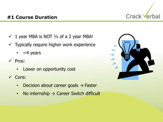 #1 Course Duration
 1 year MBA is NOT ½ of a 2 year MBA!
 Typically require higher work experience
• ~4 years
 Pros:
• Lower on opportunity cost
 Cons:
• Decision about career goals → Faster
• No internship → Career Switch difficult
 