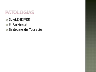  EL ALZHEIMER
 El Parkinson
 Síndrome de Tourette
 