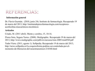 Dr. Flavio Guzmán. (2010, junio 24). Instituto de farmacología. Recuperado 19
de marzo del 2013, http://institutodepsicofarmacologia.com/receptores-
acetilcolina-muscarinicos-nicotinicos
Artículos
Criado, M. (2011 abril). Mente y cerebro, 15, 10-16.
Flores Soto, Segura Torres. (2008). Medigraphic. Recuperado 19 de marzo del
2013, http://www.medigraphic.com/pdfs/revmexneu/rmn-2005/rmn054f.pdf
Tudor Vieru. (2011, agosto 1). Softpedia. Recuperado 19 de marzo del 2013,
http://news.softpedia.es/La-esquizofrenia-podrias-ser-controlada-por-el-
momento-de-liberacion-del-neurotransmisor-214368.html
Información general
 
