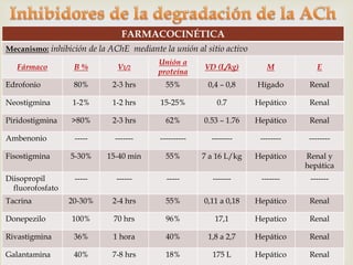 FARMACOCINÉTICA 
Mecanismo: inhibición de la AChE mediante la unión al sitio activo 
Fármaco B % V1/2 
Unión a 
proteína 
VD (L/kg) M E 
Edrofonio 80% 2-3 hrs 55% 0,4 – 0,8 Hígado Renal 
Neostigmina 1-2% 1-2 hrs 15-25% 0.7 Hepático Renal 
Piridostigmina >80% 2-3 hrs 62% 0.53 – 1.76 Hepático Renal 
Ambenonio ----- ------- ---------- -------- -------- -------- 
Fisostigmina 5-30% 15-40 min 55% 7 a 16 L/kg Hepático Renal y 
hepática 
Diisopropil 
fluorofosfato 
----- ------ ----- ------- ------- ------- 
Tacrina 20-30% 2-4 hrs 55% 0,11 a 0,18 Hepático Renal 
Donepezilo 100% 70 hrs 96% 17,1 Hepatico Renal 
Rivastigmina 36% 1 hora 40% 1,8 a 2,7 Hepático Renal 
Galantamina 40% 7-8 hrs 18% 175 L Hepático Renal 
 