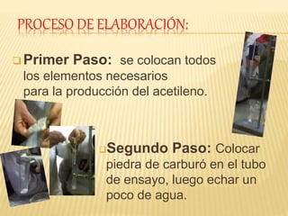 PROCESO DE ELABORACIÓN:
 Primer Paso: se colocan todos
los elementos necesarios
para la producción del acetileno.
Segundo Paso: Colocar
piedra de carburó en el tubo
de ensayo, luego echar un
poco de agua.
 