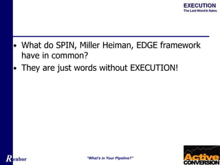 Renbor
• What do SPIN, Miller Heiman, EDGE framework
have in common?
• They are just words without EXECUTION!
“What’s in Your Pipeline?”
 