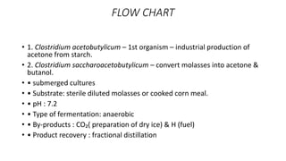 FLOW CHART
• 1. Clostridium acetobutylicum – 1st organism – industrial production of
acetone from starch.
• 2. Clostridium saccharoacetobutylicum – convert molasses into acetone &
butanol.
• • submerged cultures
• • Substrate: sterile diluted molasses or cooked corn meal.
• • pH : 7.2
• • Type of fermentation: anaerobic
• • By-products : CO₂( preparation of dry ice) & H (fuel)
• • Product recovery : fractional distillation
 