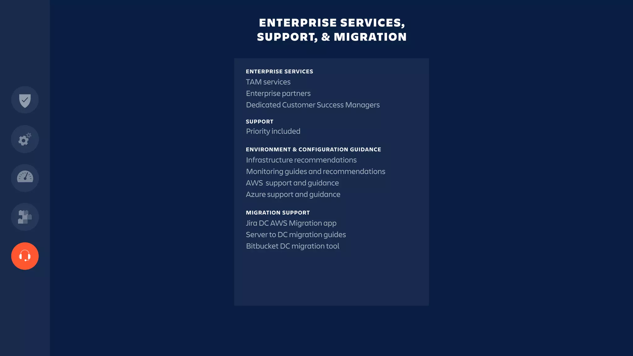 ENTERPRISE SERVICES
TAM services
Enterprise partners
Dedicated Customer Success Managers
SUPPORT
Priority included
ENVIRONMENT & CONFIGURATION GUIDANCE
Infrastructure recommendations
Monitoring guides and recommendations
AWS support and guidance
Azure support and guidance
MIGRATION SUPPORT
Jira DC AWS Migration app
Server to DC migration guides
Bitbucket DC migration tool
ENTERPRISE SERVICES,
SUPPORT, & MIGRATION
 