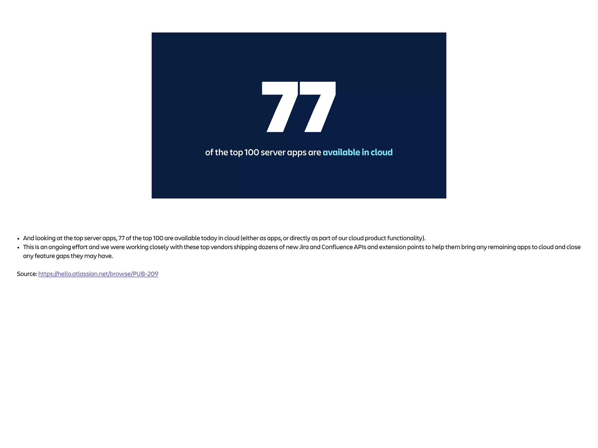 77
of the top 100 server apps are available in cloud
• And looking at the top server apps, 77 of the top 100 are available today in cloud (either as apps, or directly as part of our cloud product functionality).
• This is an ongoing effort and we were working closely with these top vendors shipping dozens of new Jira and Confluence APIs and extension points to help them bring any remaining apps to cloud and close
any feature gaps they may have.
Source: https://hello.atlassian.net/browse/PUB-209
 