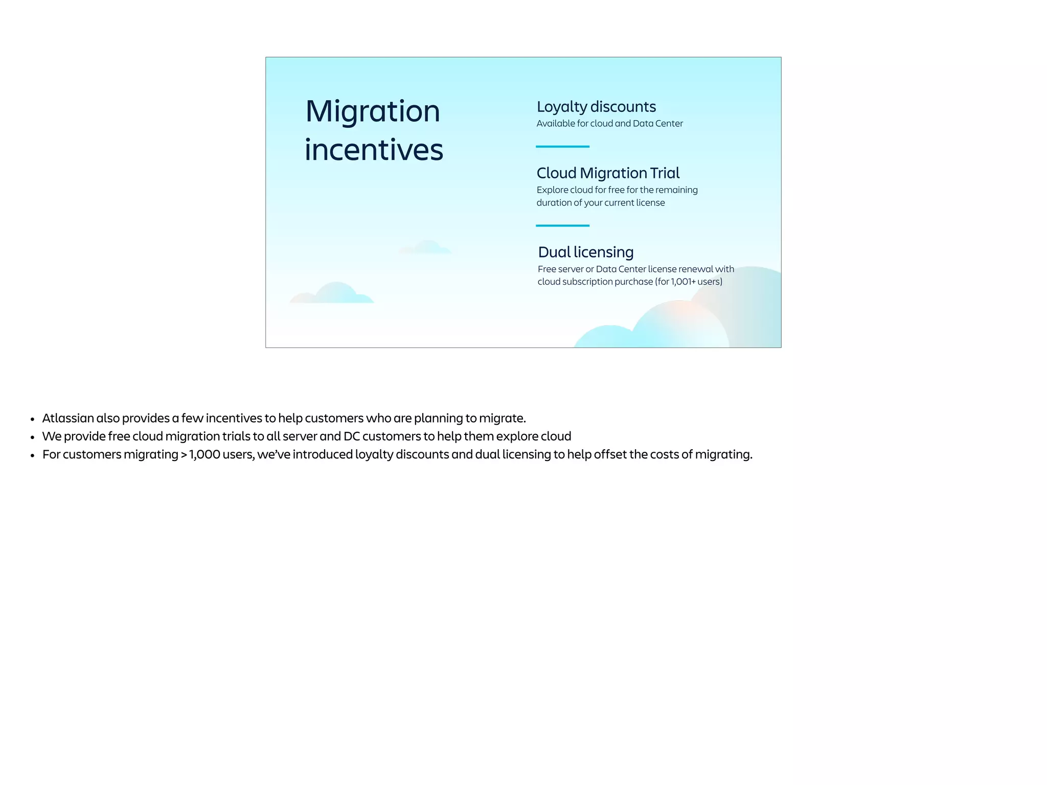 Cloud Migration Trial
Explore cloud for free for the remaining
duration of your current license
Loyalty discounts
Available for cloud and Data Center
Migration
incentives
Dual licensing
Free server or Data Center license renewal with
cloud subscription purchase (for 1,001+ users)
• Atlassian also provides a few incentives to help customers who are planning to migrate.
• We provide free cloud migration trials to all server and DC customers to help them explore cloud
• For customers migrating > 1,000 users, we’ve introduced loyalty discounts and dual licensing to help offset the costs of migrating.
 