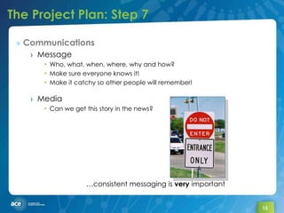 The Project Plan: Step 7 Communications Message Who, what, when, where, why and how? Make sure everyone knows it! Make it catchy so other people will remember! Media Can we get this story in the news? … consistent messaging is  very  important 
