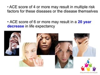 • ACE score of 4 or more may result in multiple risk
factors for these diseases or the disease themselves
• ACE score of 6...