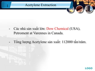 LOGO
- Các nhà sản xuất lớn: Dow Chemical (USA),
Petroment at Varennes in Canada.
- Tổng lượng Acetylene sản xuất: 112000 tấn/năm.
Acetylene Extraction1
 