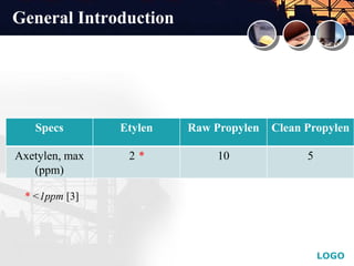 LOGO
Specs Etylen Raw Propylen Clean Propylen
Axetylen, max
(ppm)
2 * 10 5
* <1ppm [3]
General Introduction
 