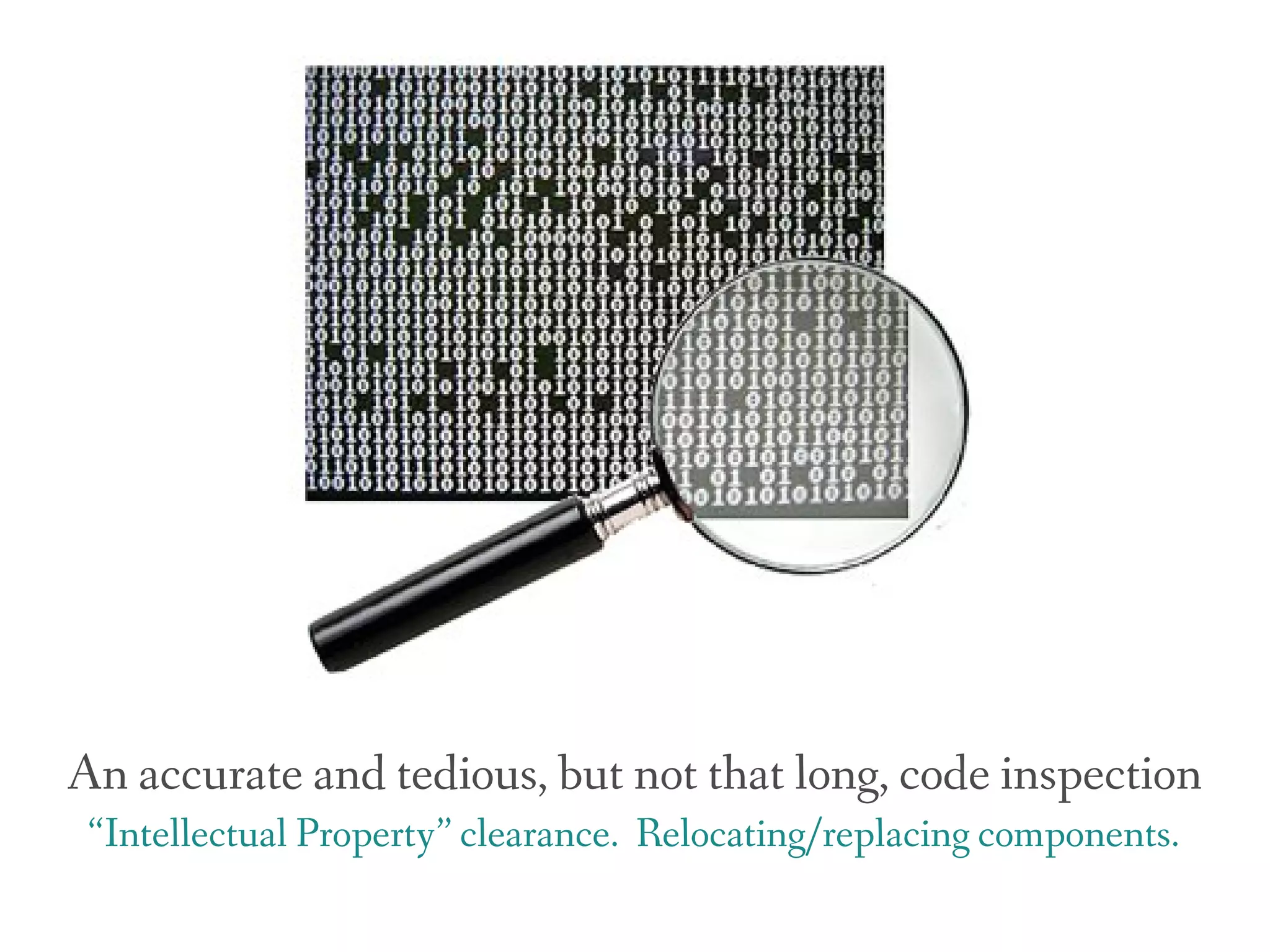 An accurate and tedious, but not that long, code inspection
 “Intellectual Property” clearance. Relocating/replacing components.
 