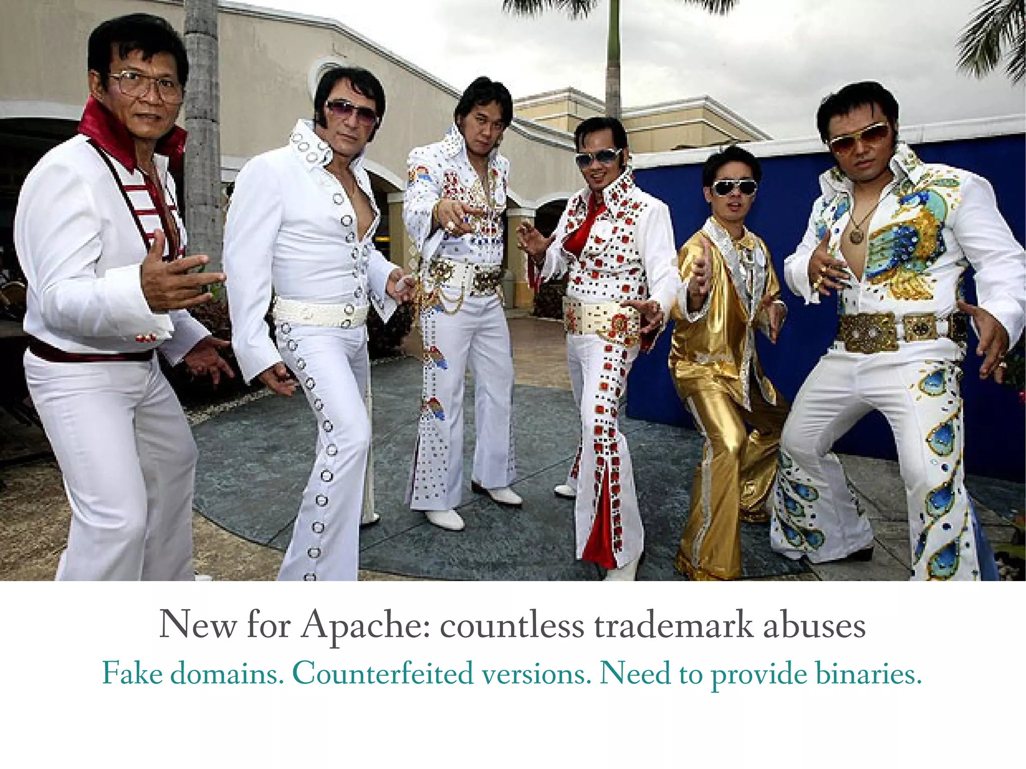 New for Apache: countless trademark abuses
Fake domains. Counterfeited versions. Need to provide binaries.
 