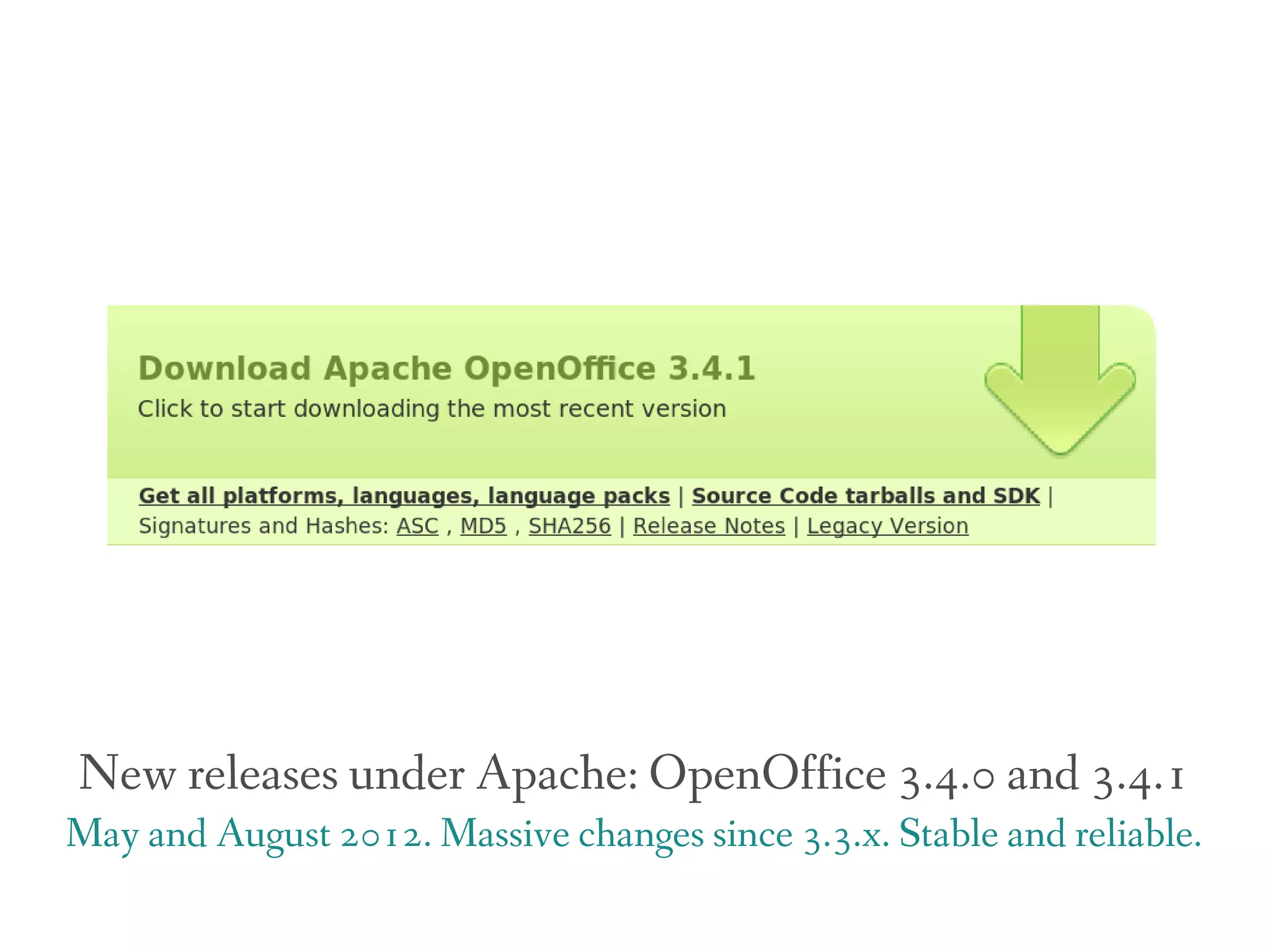 New releases under Apache: OpenOffice 3.4.0 and 3.4.1
May and August 2012. Massive changes since 3.3.x. Stable and reliable.
 