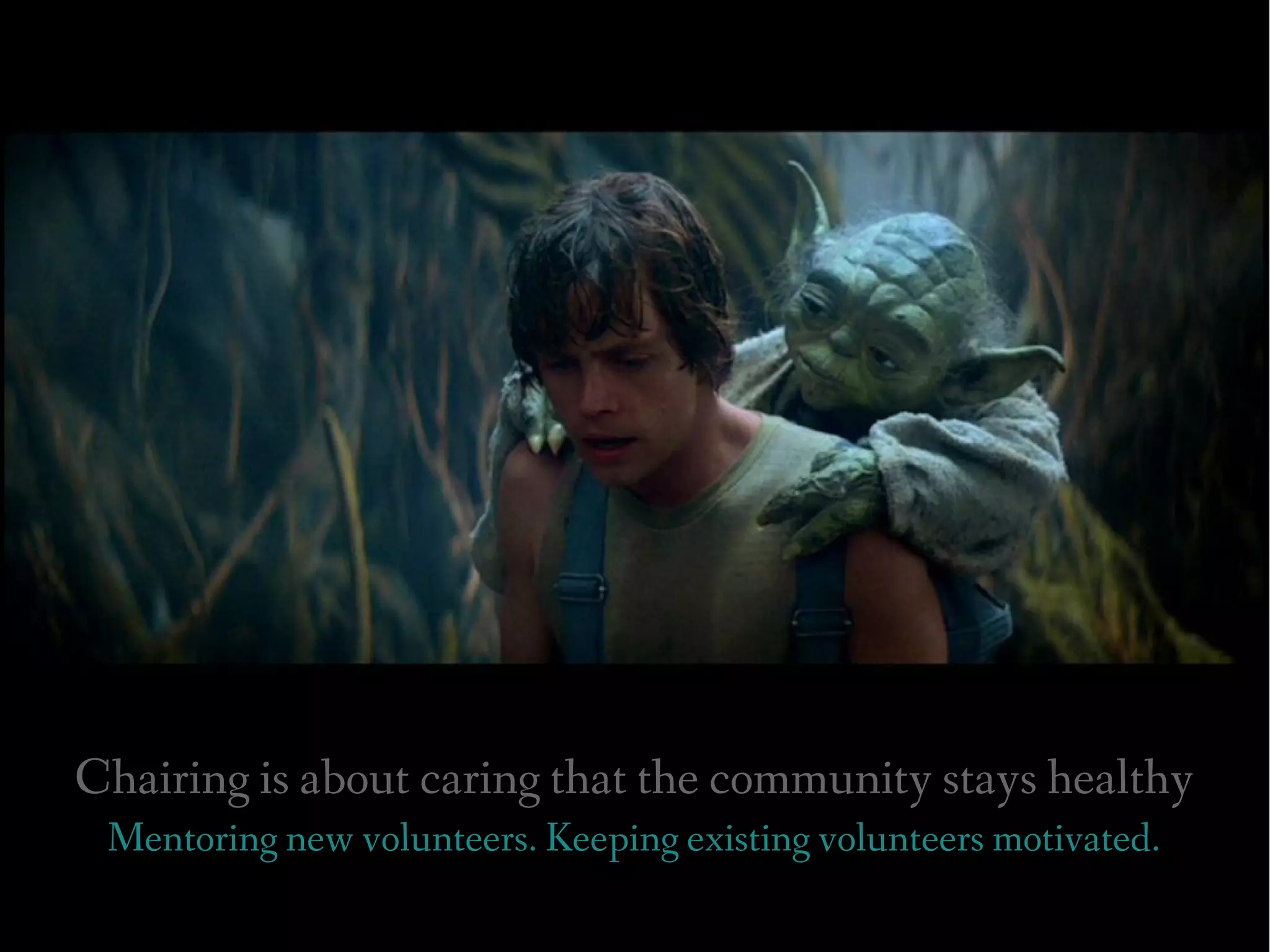 Chairing is about caring that the community stays healthy
 Mentoring new volunteers. Keeping existing volunteers motivated.
 