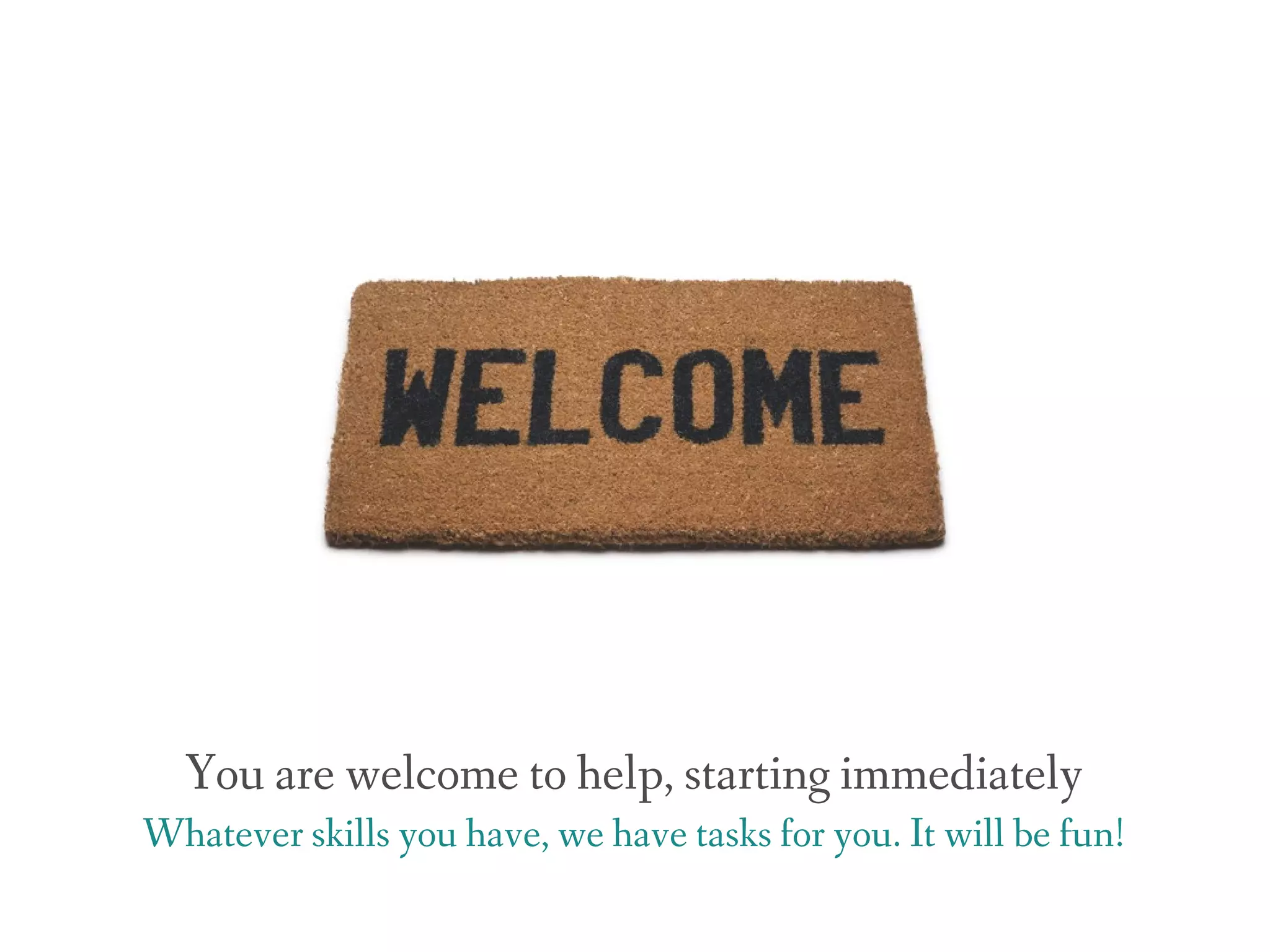 You are welcome to help, starting immediately
Whatever skills you have, we have tasks for you. It will be fun!
 