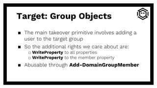 ▪ The main takeover primitive involves adding a
user to the target group
▪ So the additional rights we care about are:
□ WriteProperty to all properties
□ WriteProperty to the member property
▪ Abusable through Add-DomainGroupMember
Target: Group Objects
 