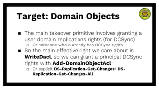 ▪ The main takeover primitive involves granting a
user domain replications rights (for DCSync)
□ Or someone who currently has DCSync rights
▪ So the main effective right we care about is
WriteDacl, so we can grant a principal DCSync
rights with Add-DomainObjectAcl
□ Or explicit DS-Replication-Get-Changes/ DS-
Replication-Get-Changes-All
Target: Domain Objects
 