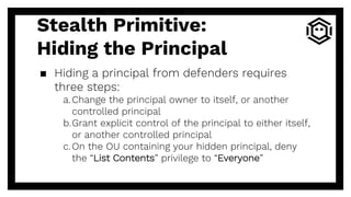 ▪ Hiding a principal from defenders requires
three steps:
a.Change the principal owner to itself, or another
controlled principal
b.Grant explicit control of the principal to either itself,
or another controlled principal
c.On the OU containing your hidden principal, deny
the “List Contents” privilege to “Everyone”
Stealth Primitive:
Hiding the Principal
 