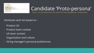 Candidate ‘Proto-persona’
Phase 1: List all possible wants and needs from various perspectives - Analysis phase
• Product UX
• Product team context
• UX team context
• Organization and culture
• Hiring manager’s personal preferences
Attributes wish list based on -
 