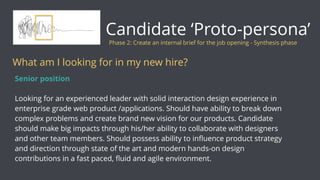 Senior position
Looking for an experienced leader with solid interaction design experience in
enterprise grade web product /applications. Should have ability to break down
complex problems and create brand new vision for our products. Candidate
should make big impacts through his/her ability to collaborate with designers
and other team members. Should possess ability to inﬂuence product strategy
and direction through state of the art and modern hands-on design
contributions in a fast paced, ﬂuid and agile environment.
Candidate ‘Proto-persona’
What am I looking for in my new hire?
Phase 2: Create an internal brief for the job opening - Synthesis phase
 