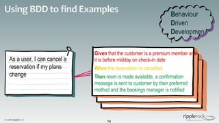 © 2016 ripplerock
As a user, I can cancel a
reservation if my plans
change
Using BDD to find Examples
14
Given that the customer is a premium member and
it is before midday on check-in date
When the reservation is cancelled
Then room is made available, a confirmation
message is sent to customer by their preferred
method and the bookings manager is notified
Behaviour
Driven
Developmen
t
 