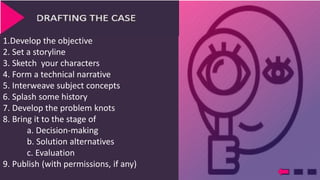 MAKE A CASE
1.Develop the objective
2. Set a storyline
3. Sketch your characters
4. Form a technical narrative
5. Interweave subject concepts
6. Splash some history
7. Develop the problem knots
8. Bring it to the stage of
a. Decision-making
b. Solution alternatives
c. Evaluation
9. Publish (with permissions, if any)
 
