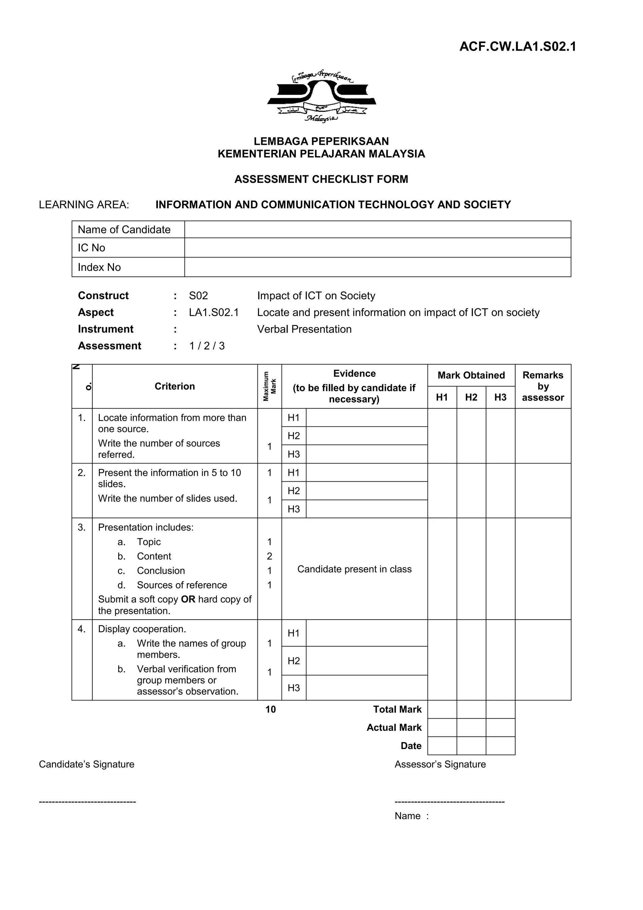 ACF.CW.LA1.S02.1
LEMBAGA PEPERIKSAAN
KEMENTERIAN PELAJARAN MALAYSIA
ASSESSMENT CHECKLIST FORM
LEARNING AREA:
INFORMATION AND COMMUNICATION TECHNOLOGY AND SOCIETY
Name of Candidate
IC No
Index No
Construct
:
S02
Impact of ICT on Society
Aspect
:
LA1.S02.1
Locate and present information on impact of ICT on society
Instrument
:
Assessment
:
Verbal Presentation
1.
2.
Criterion
Locate information from more than
one source.
Write the number of sources
referred.
Present the information in 5 to 10
slides.
Write the number of slides used.
Maximum
Mark
o.
N
1/2/3
Evidence
(to be filled by candidate if
necessary)
Mark Obtained
H1
H2
H3
H1
H2
1
1
H3
H1
H2
1
H3
3.
4.
Presentation includes:
a. Topic
b. Content
c. Conclusion
d. Sources of reference
Submit a soft copy OR hard copy of
the presentation.
Display cooperation.
a. Write the names of group
members.
b. Verbal verification from
group members or
assessor’s observation.
1
2
1
1
Candidate present in class
H1
1
H2
1
H3
10
Total Mark
Actual Mark
Date
Candidate’s Signature
Assessor’s Signature
------------------------------
---------------------------------Name :
Remarks
by
assessor