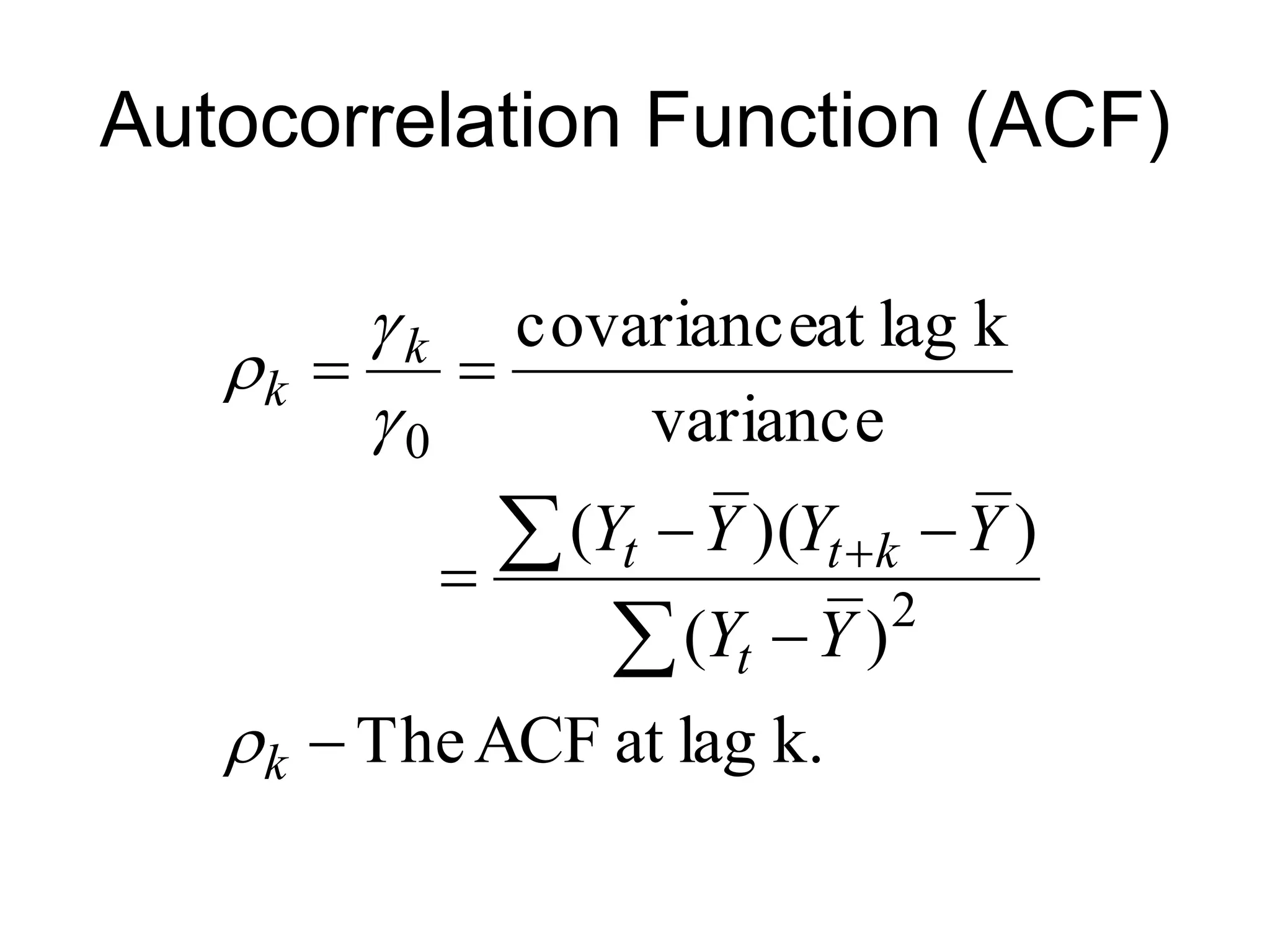 Autocorrelation Function (ACF)
k.
lag
at
ACF
The
)
(
)
)(
(
variance
k
lag
at
covariance
2
0








 
k
t
k
t
t
k
k
Y
Y
Y
Y
Y
Y




 