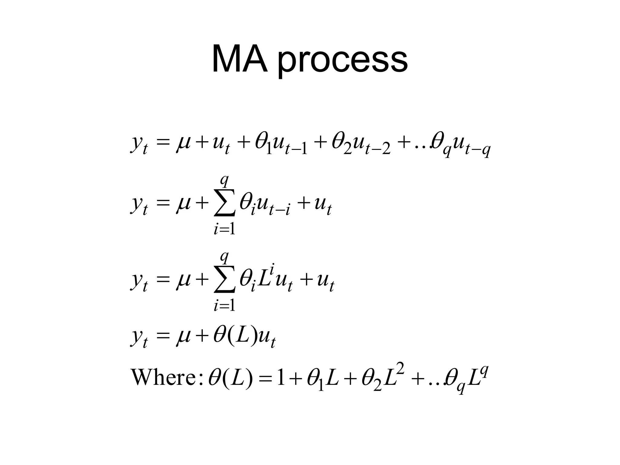 MA process
q
q
t
t
t
t
q
i
i
i
t
t
i
t
q
i
i
t
q
t
q
t
t
t
t
L
L
L
L
u
L
y
u
u
L
y
u
u
y
u
u
u
u
y














...
1
)
(
:
Where
)
(
...
2
2
1
1
1
2
2
1
1

























 